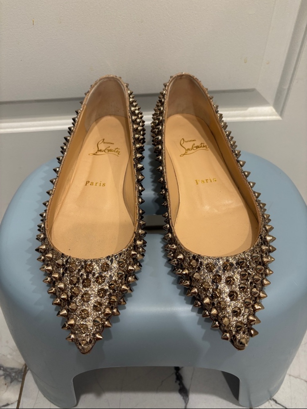Christian Louboutin Shiny gold leopard print with spike Flats